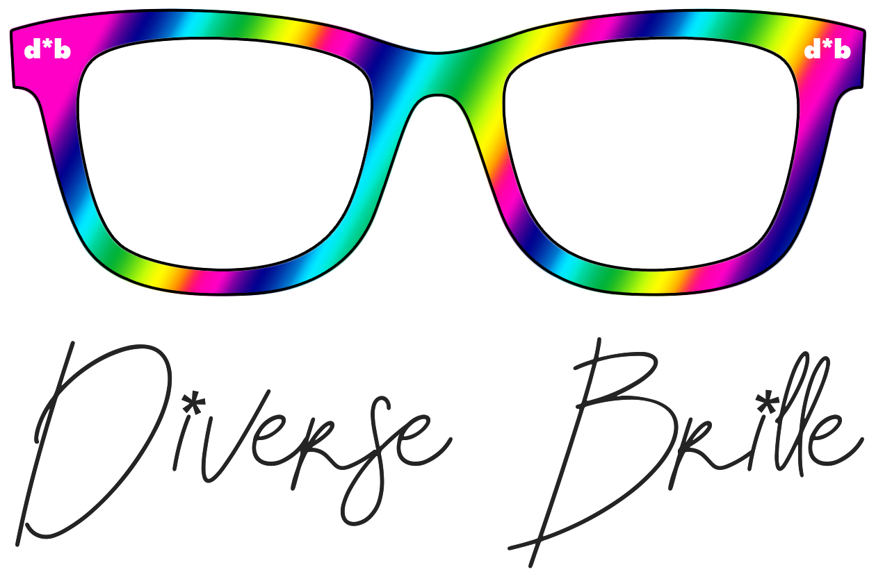 Brillengestell in Regenbogenfarben. Darunter der Schriftzug Diverse Brille.